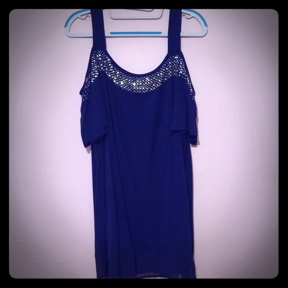 Womens Dress Shirt Cold Shoulder Navy Blue
